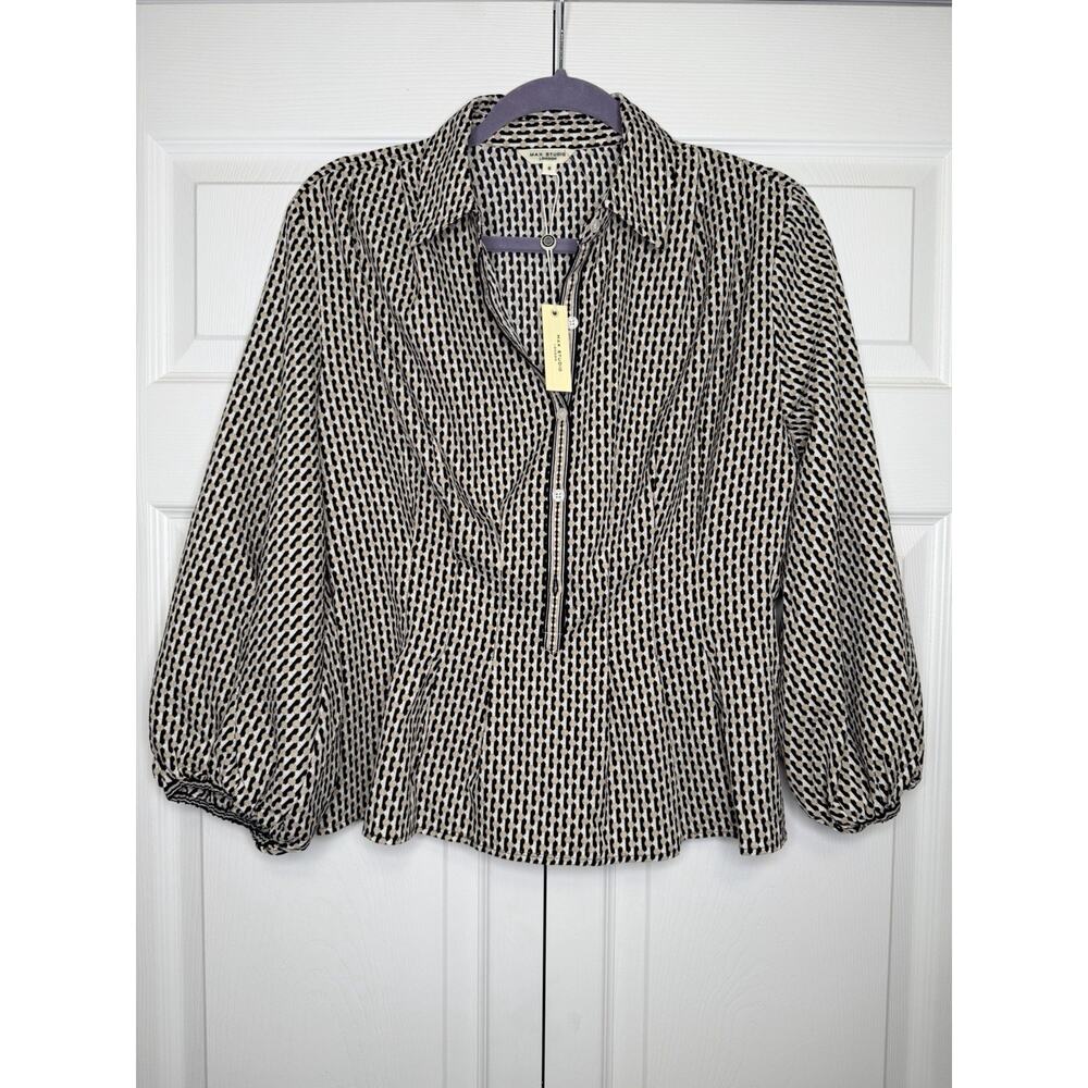 Max Studio Women's Long Balloon Sleeve Shirt Size S Black White Beige Geometric